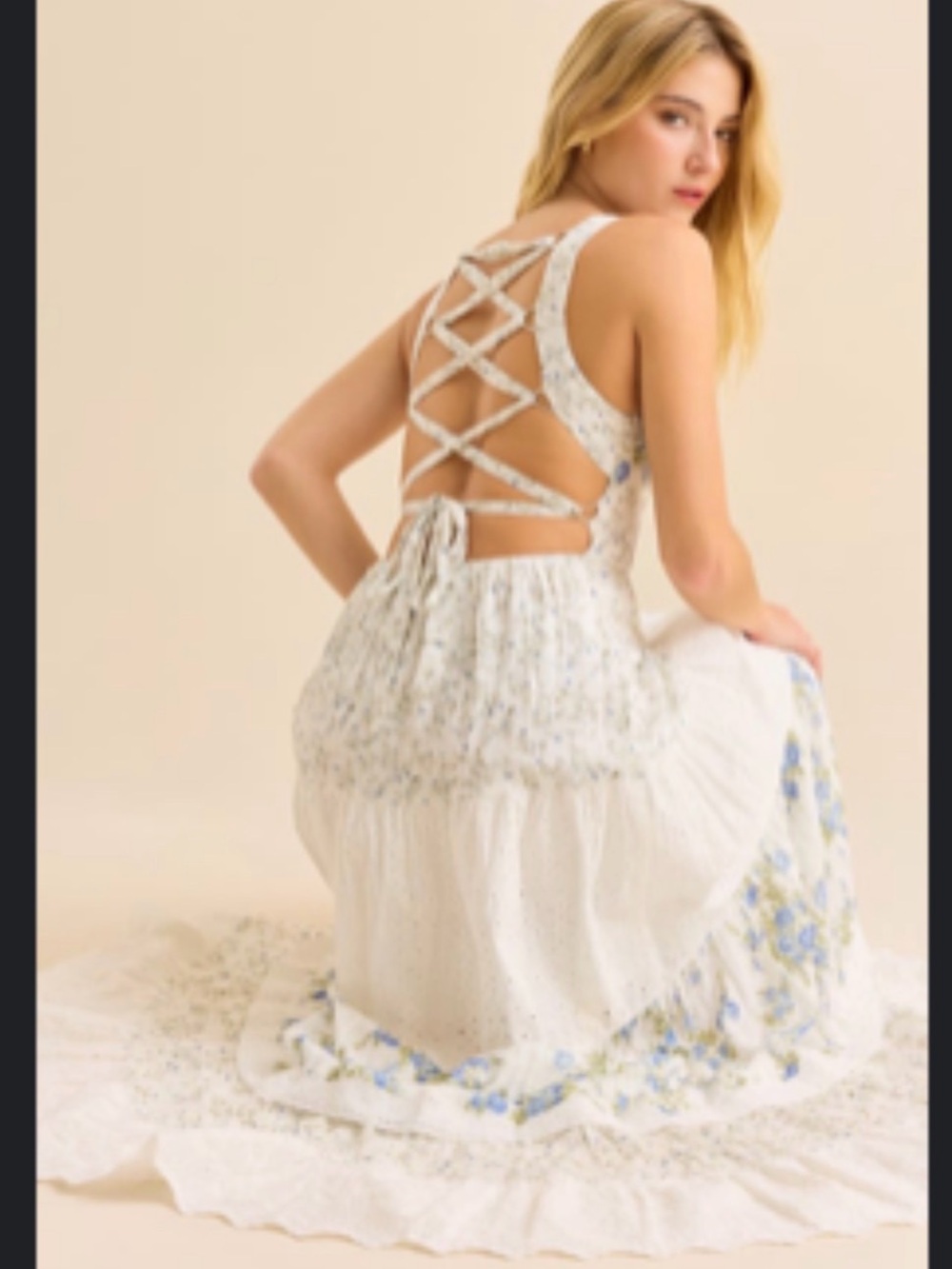 Altar'd State White Maxi Dress with Blue Floral Print and Lace-Up Back